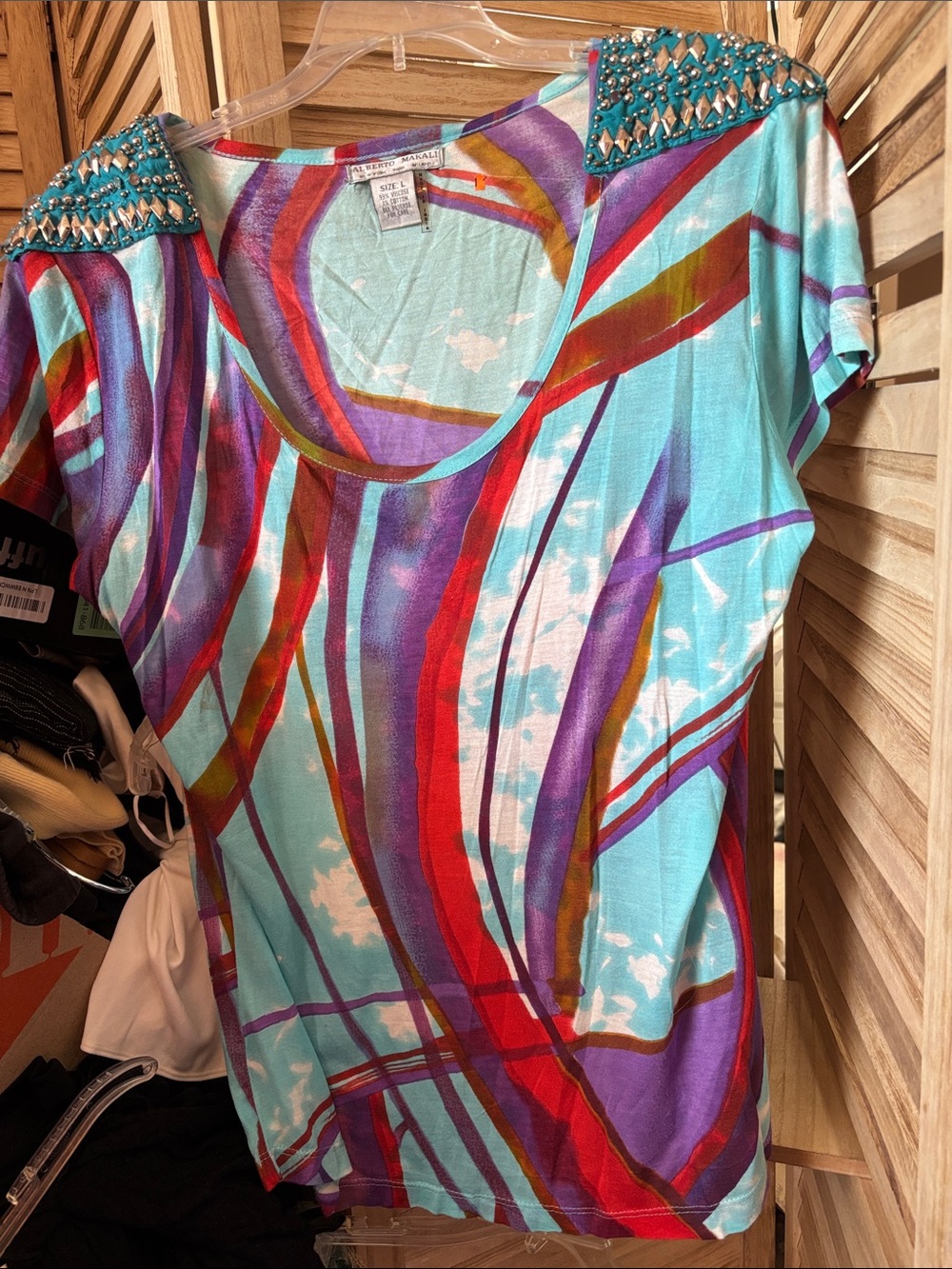 Alberto Makali Embellished Shoulder Scoop Neck Top - Turquoise Multi Large